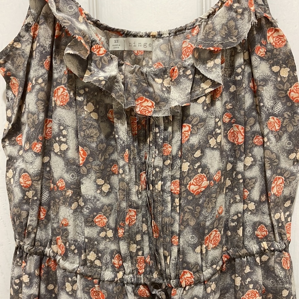 Hinge Gray Floral with Orange Flowers Spaghetti Strap Gathered Waist Silk Dress - Picture 5 of 9